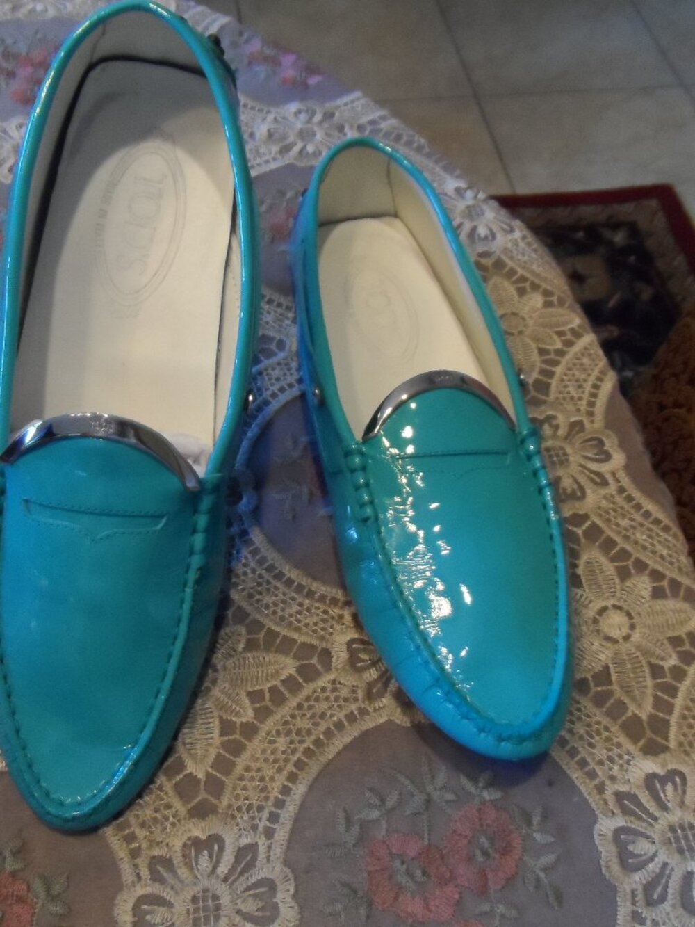 Tod's Turquoise Blue Pattent Leather Gommino Loafer Size 10